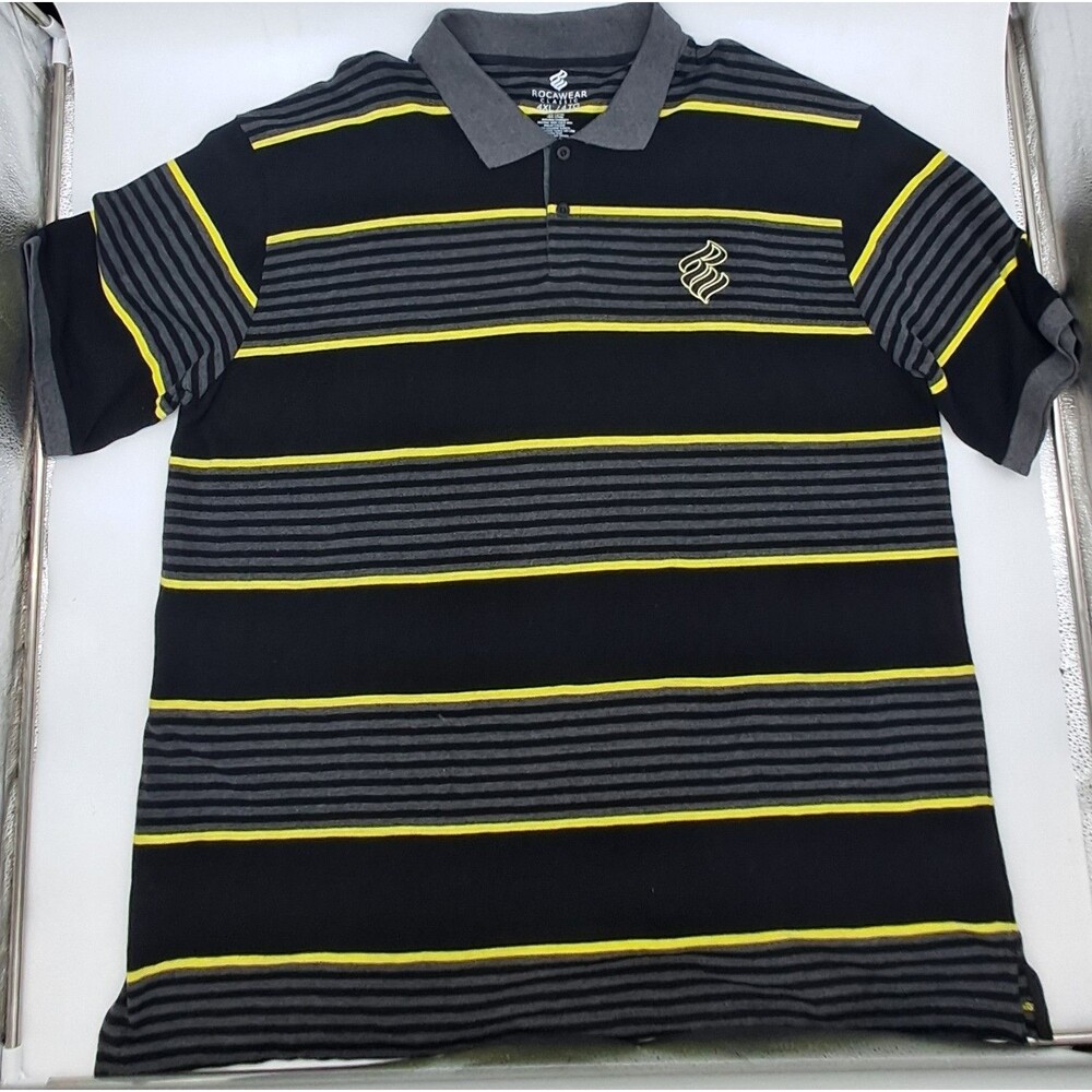 Vintage Rocawear Polo Shirt Men's 4XL Classic Short Sleeve Striped Black & Green